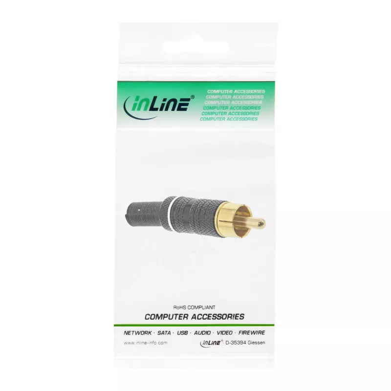 Conector RCA InLine para soldar anillo blanco metal negro para cable de 6 mm