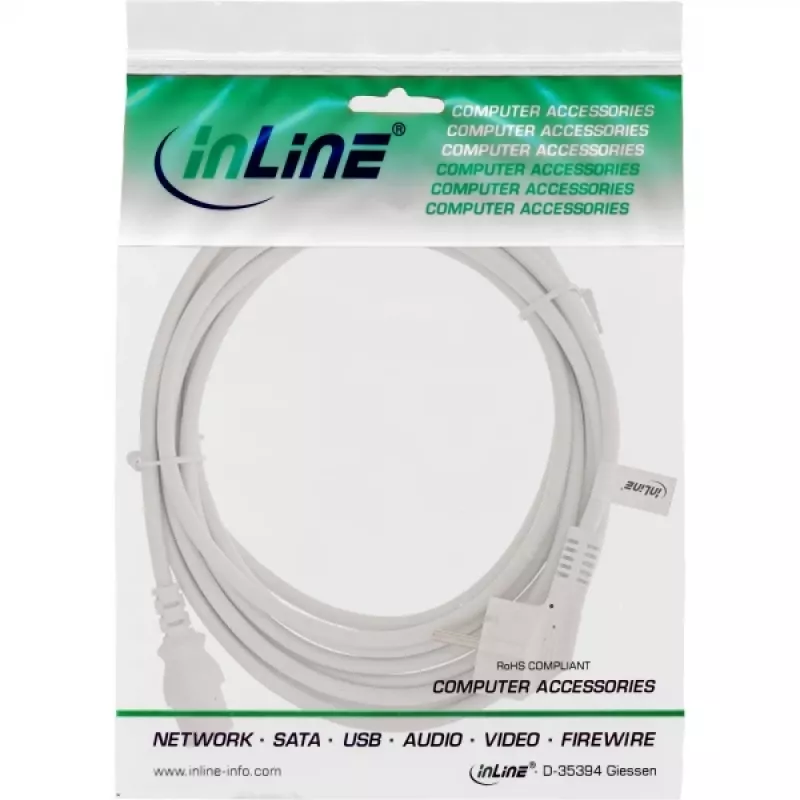 Cable de alimentación InLine, CEE 7/7 acodado / conector macho IEC C13 de 3 polos, blanco, 5 m