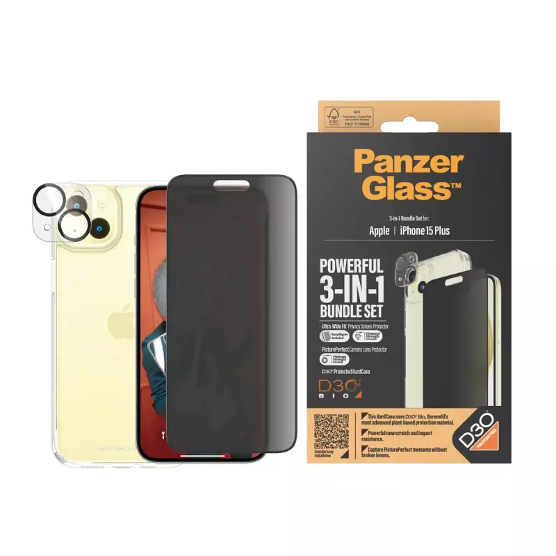 PanzerGlass Privacy 3-in-1 Pack iPhone 15 Plus vidrio templado