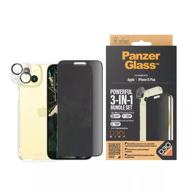 PanzerGlass Privacy 3-in-1 Pack iPhone 15 Plus vidrio templado