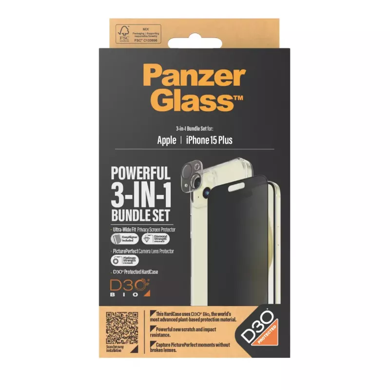 PanzerGlass Privacy 3-in-1 Pack iPhone 15 Plus vidrio templado