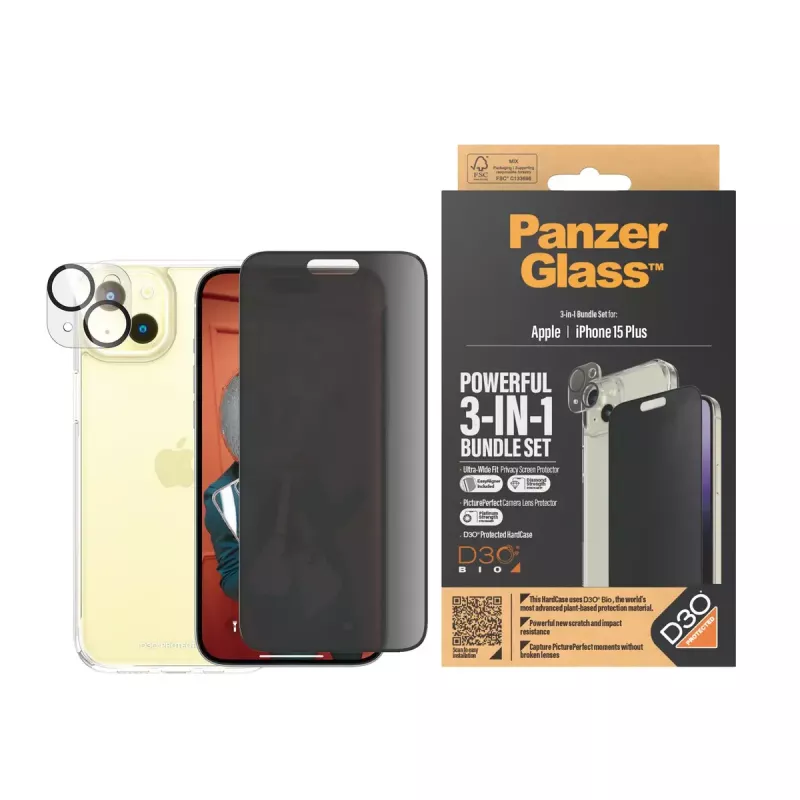 PanzerGlass Privacy 3-in-1 Pack iPhone 15 Plus vidrio templado