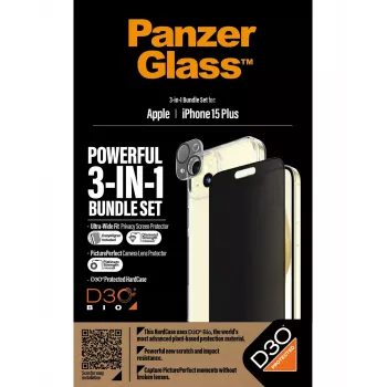 PanzerGlass 3-in-1 Pack iPhone 15 Plus vidrio templado resistente a impactos