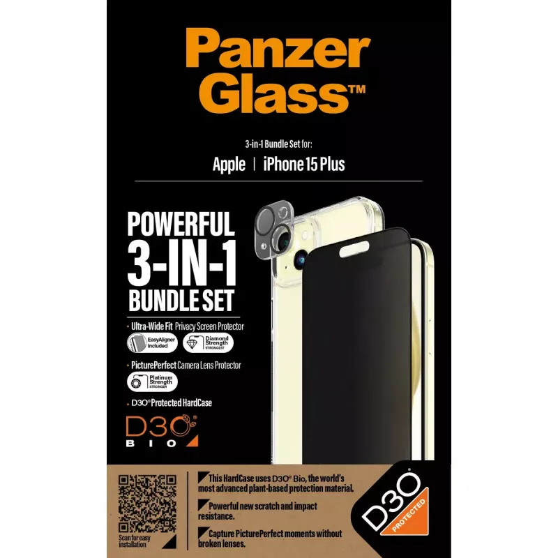 PanzerGlass 3-in-1 Pack iPhone 15 Plus vidrio templado resistente a impactos