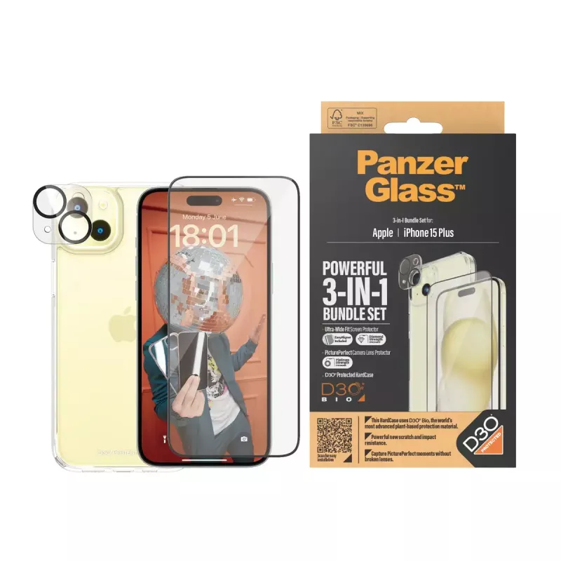 PanzerGlass 3-in-1 Pack iPhone 15 Plus vidrio templado resistente a impactos