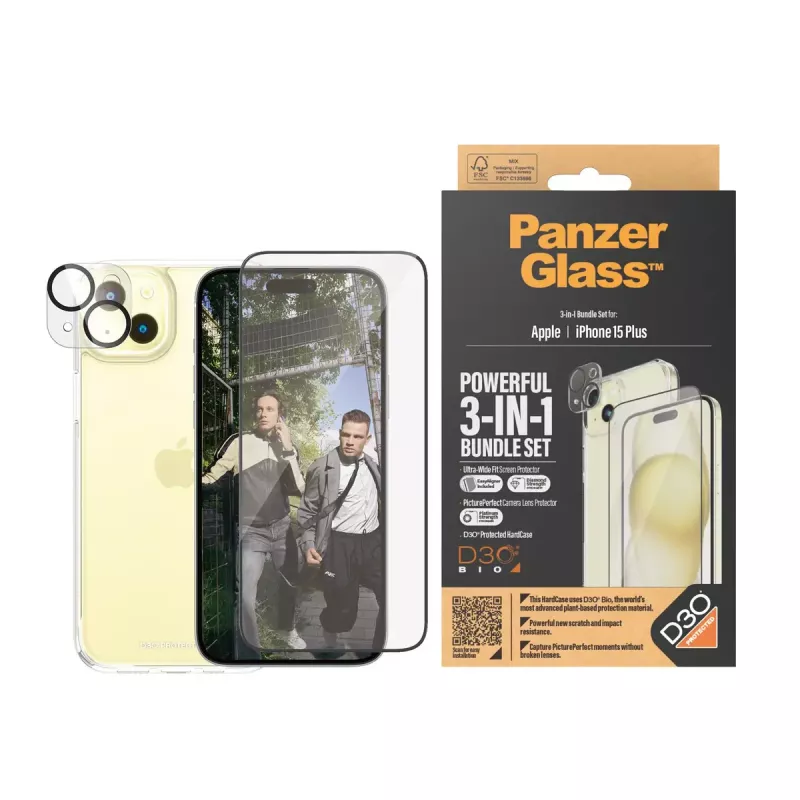 PanzerGlass 3-in-1 Pack iPhone 15 Plus vidrio templado resistente a impactos