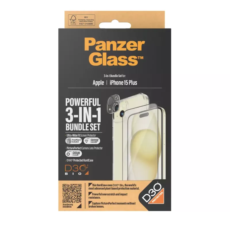 PanzerGlass 3-in-1 Pack iPhone 15 Plus vidrio templado resistente a impactos