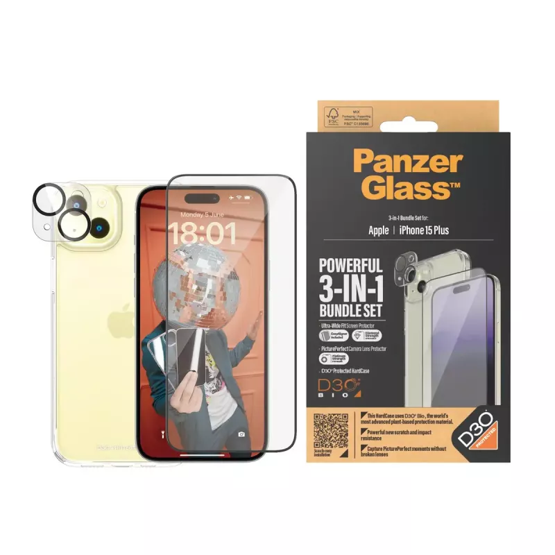 PanzerGlass 3-in-1 Pack iPhone 15 Plus vidrio templado resistente a impactos