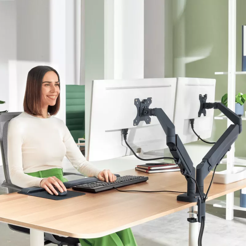 Soporte de doble monitor Leitz Ergo de ahorro de espacio, 9 kg, 43,2 cm (17 inch), 81,3 cm (32 inch), 75 x 100 mm, regulación de altura, gris