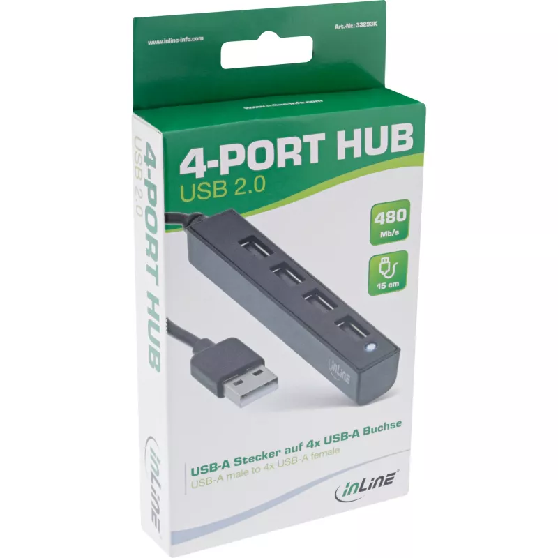 Hub USB 2.0 de 4 puertos InLine, conector macho USB-A a 4x conector hembra USB-A, cable 15cm