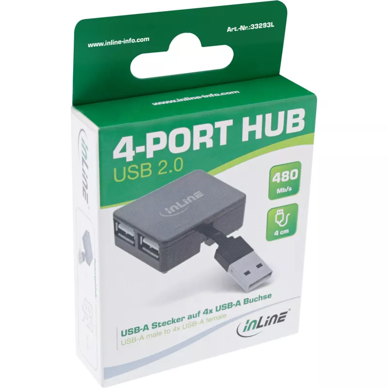 Hub USB 2.0 de 4 puertos InLine, conector macho USB-A a 4x conector hembra USB-A, cable 4cm