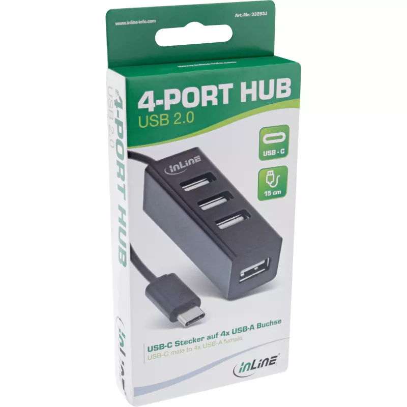 Hub USB 2.0 de 4 puertos InLine, conector macho USB-C a 4x conector hembra USB-A, cable 15cm