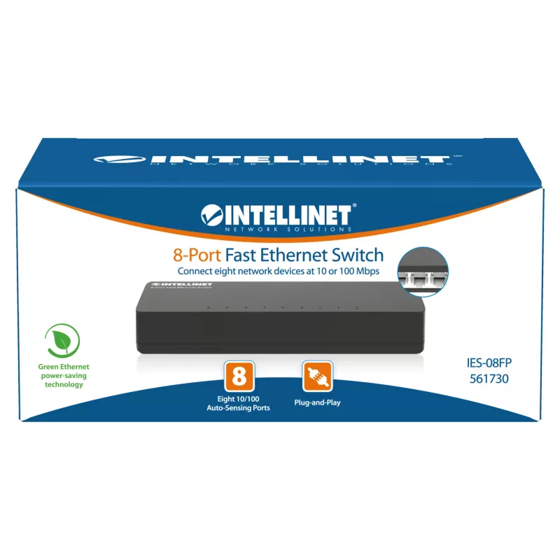 Switch Fast Ethernet de 8 puertos Intellinet tamaño sobremesa, plástico, IEEE 802.3az (Energy Efficient Ethernet), negro