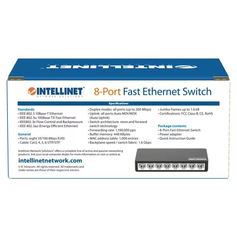 Switch Fast Ethernet de 8 puertos Intellinet tamaño sobremesa, plástico, IEEE 802.3az (Energy Efficient Ethernet), negro