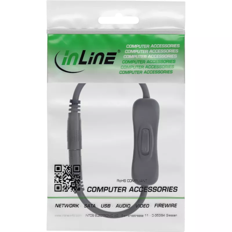 InLine Cable DC con interruptor, conector macho/hembra DC 4,0x1,7 mm, AWG 18, negro, 0,20 m
