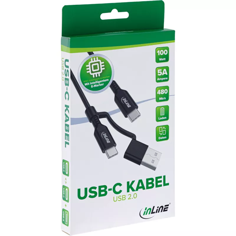 Cable USB-C 2 en 1 + adaptador USB-A, USB 2.0, 100W, TPE, negro, 1m InLine