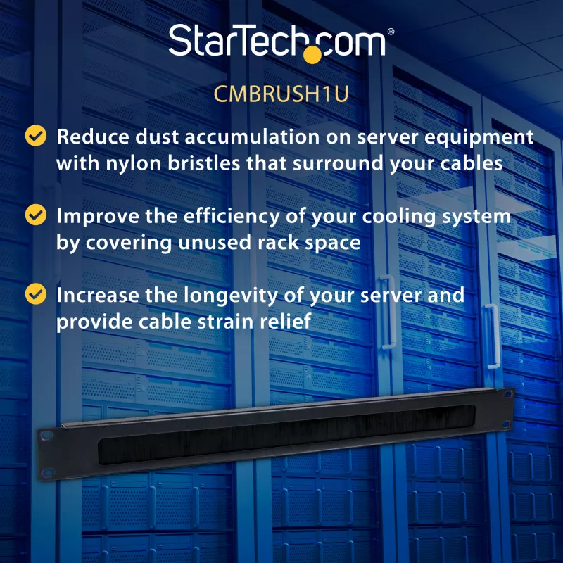 StarTech.com panel de gestión de cables 1U High-density Brush Strip, guía de cables horizontal de acero fiable para centros de datos