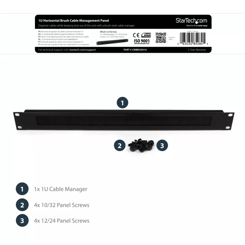 StarTech.com panel de gestión de cables 1U High-density Brush Strip, guía de cables horizontal de acero fiable para centros de datos