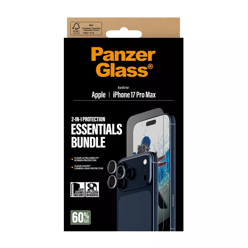 PanzerGlass pack Essentials 2 en 1 iPhone 17 Pro Max resistente a arañazos y golpes