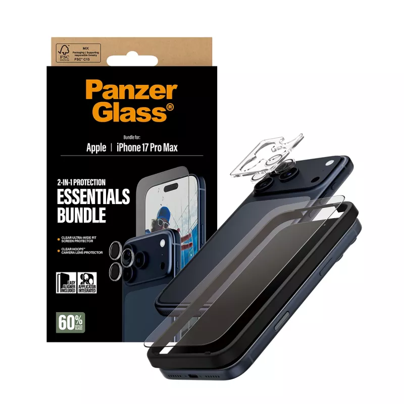 PanzerGlass pack Essentials 2 en 1 iPhone 17 Pro Max resistente a arañazos y golpes