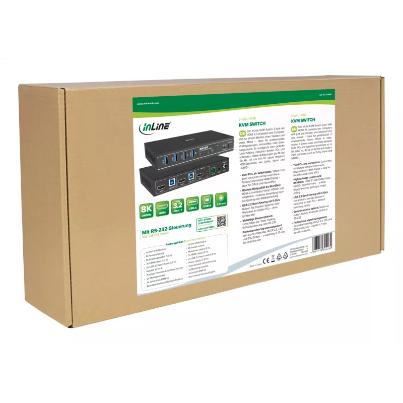 InLine 57885C Switch KVM, 2 puertos, HDMI, 8K@60Hz, USB 3.2, con IR y RS-232