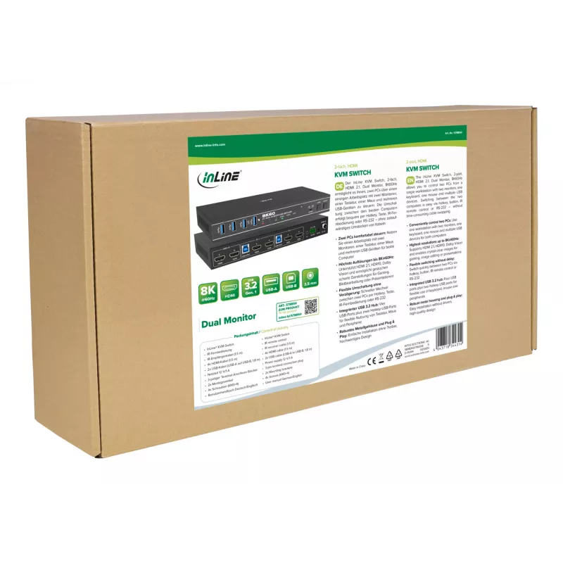 InLine 57885H Switch KVM, 2 vías, HDMI, monitor dual, 8K60Hz, hub USB, negro