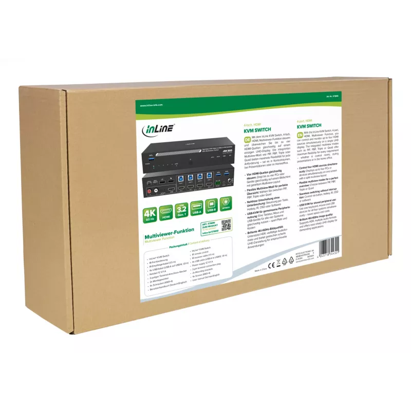 InLine 57885I Switch KVM, 4 vías, HDMI, 4K60Hz, multiviewer, hub USB, negro