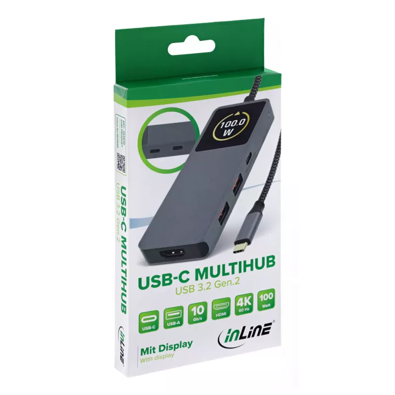 Hub de interfaz USB-C InLine 35392D USB 3.2 Gen 2 Type-C host a HDMI, USB-A, USB-C 10000 Mbit/s gris