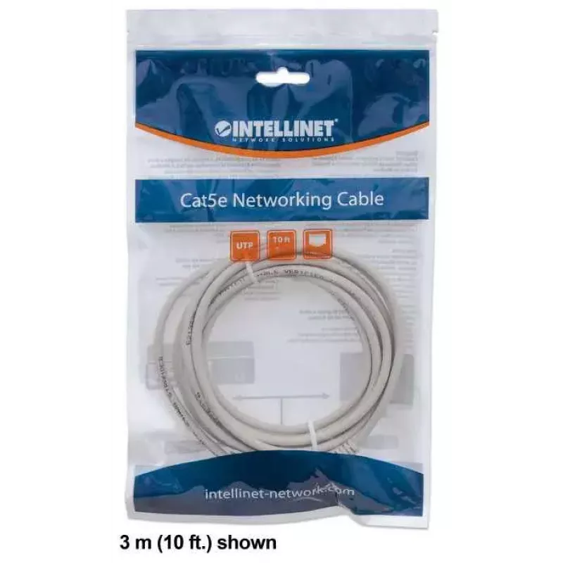 Intellinet Cable de red patch, Cat6, 3m, Gris, CCA, U/UTP, PVC, RJ45, contactos dorados, protección de lengüeta, con alivio de tracción, garantía de por vida