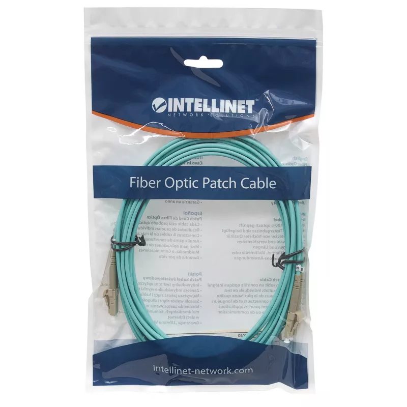 Cable de parcheo de fibra óptica Intellinet, OM3, LC/LC, 5m, aqua, dúplex, multimodo, 50/125 µm, LSZH, fibra, garantía de por vida
