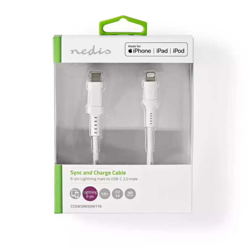 Cable Lightning Nedis CCGW39650WT10 1 m blanco USB C