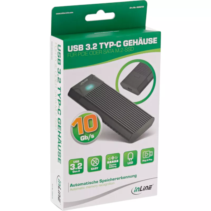 InLine USB3.2 Gen.2 carcasa USB-C a M.2 SSD (PCIe NVMe y SATA)