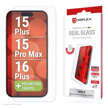 Protector de pantalla Displex (10H) para Apple iPhone 15 Plus/15 Pro Max/16 Plus, marco de montaje Eco, resistente a arañazos
