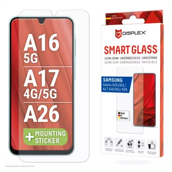 Displex Smart Glass (9H) para Samsung Galaxy A26/A16 (5G)/A17 (4G/5G), adhesivo de montaje, irrompible