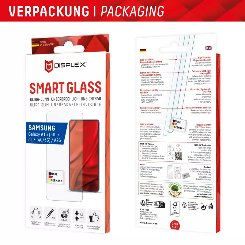 Displex Smart Glass (9H) para Samsung Galaxy A26/A16 (5G)/A17 (4G/5G), adhesivo de montaje, irrompible