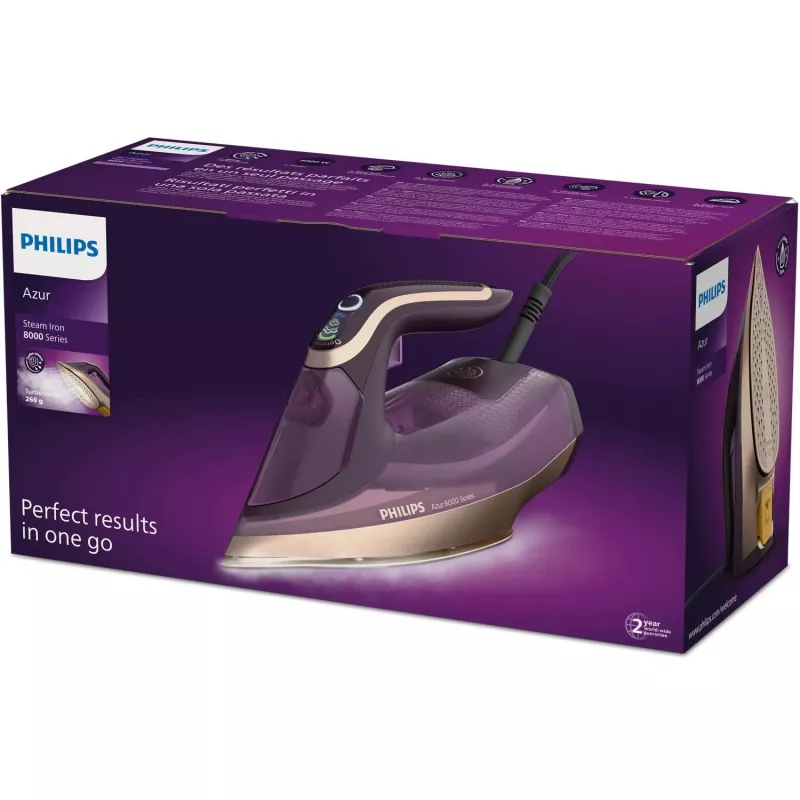 Philips DST8040/30 Azur 8000 Series plancha de vapor, 3000 W, depósito de 0,35 L, suela SteamGlide Elite, vapor vertical, 80 g/min, golpe de vapor de 260 g/min, morado oscuro