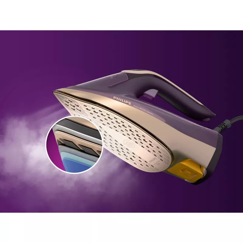 Philips DST8040/30 Azur 8000 Series plancha de vapor, 3000 W, depósito de 0,35 L, suela SteamGlide Elite, vapor vertical, 80 g/min, golpe de vapor de 260 g/min, morado oscuro