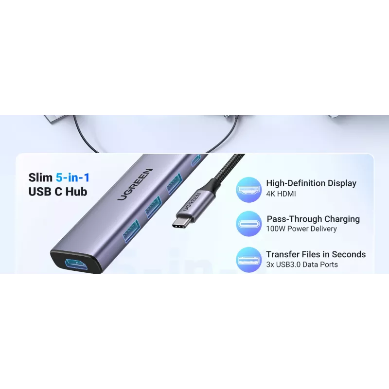 Hub USB Type-C UGREEN 20956A con HDMI y USB 3.0, 5 Gbit/s, 4K 3840x2160, Plata