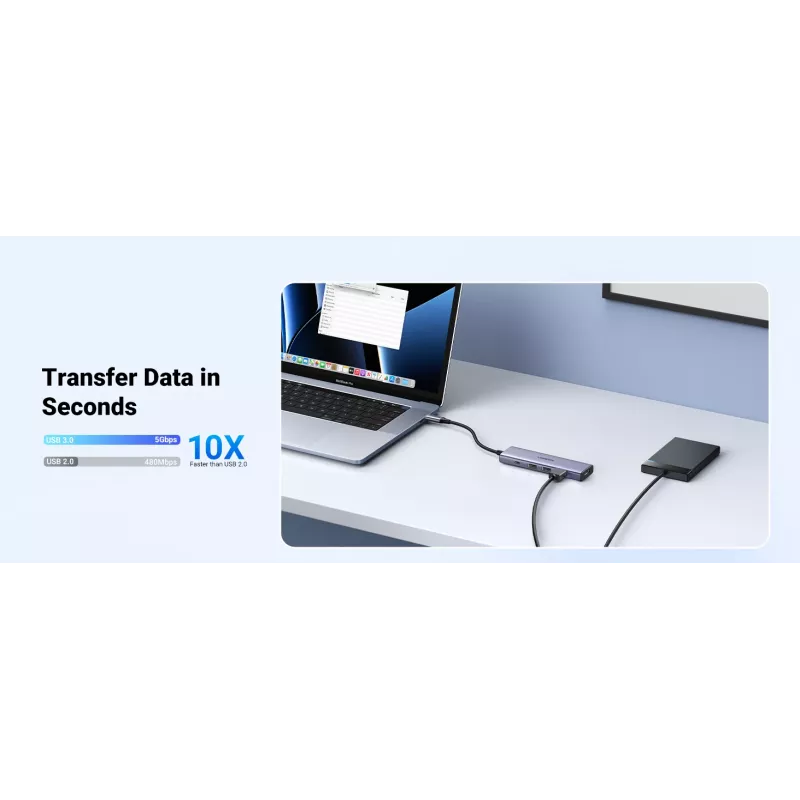 Hub USB Type-C UGREEN 20956A con HDMI y USB 3.0, 5 Gbit/s, 4K 3840x2160, Plata