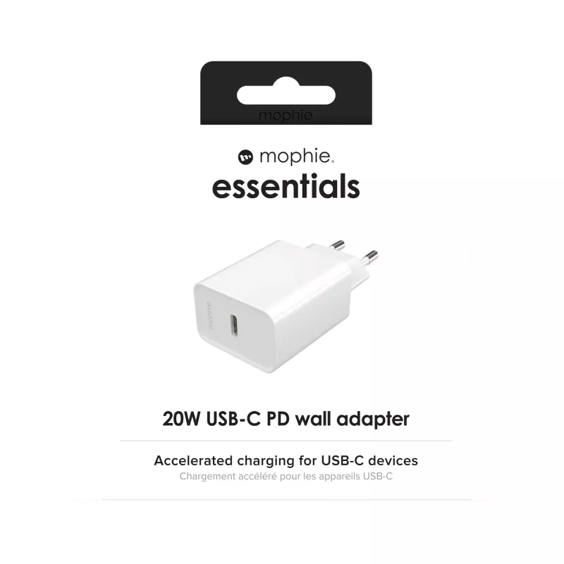 mophie essentials 20W USB-C PD Fuente de alimentación universal Blanca Carga rápida por CA Interior