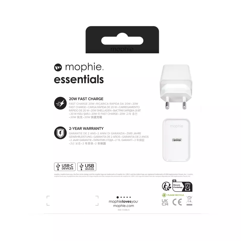 mophie essentials 20W USB-C PD Fuente de alimentación universal Blanca Carga rápida por CA Interior