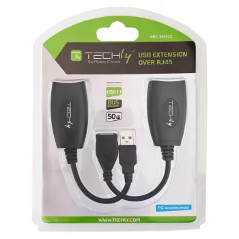Extensor USB Techly IUSB-EXTENDTY5 mediante cable Cat.5e/6 hasta 50 m, USB Type-A a RJ-45, USB 1.1, sin fuente de alimentación, negro
