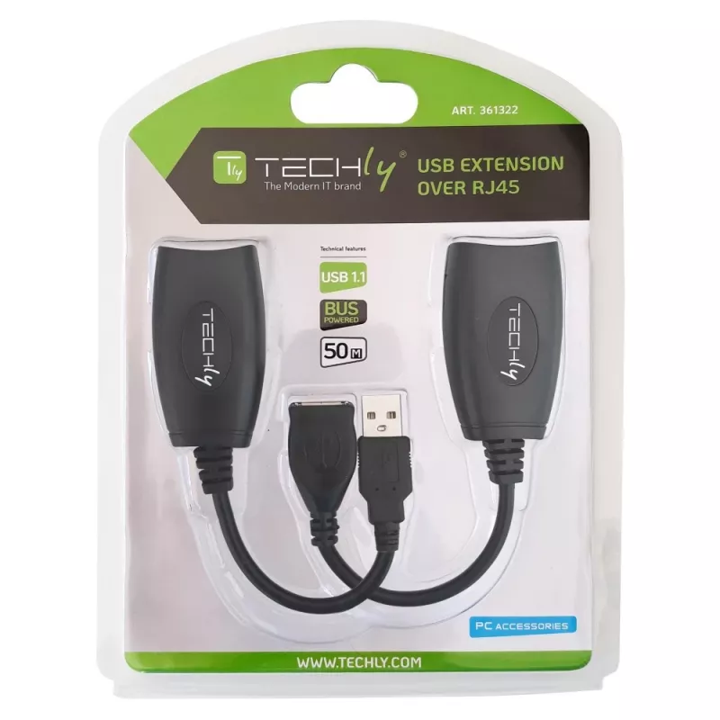 Techly IUSB-EXTENDTY5 extensor USB por cable Cat.5e/6 de hasta 50 m, USB a RJ-45, negro