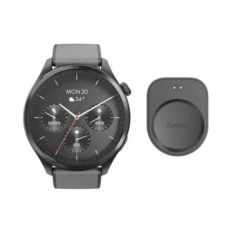 Hama Smartwatch 9000 00178627, 1,43 pulgadas (3,63 cm) AMOLED, GPS, almacenamiento de música, resistente al agua, correa de silicona, antracita