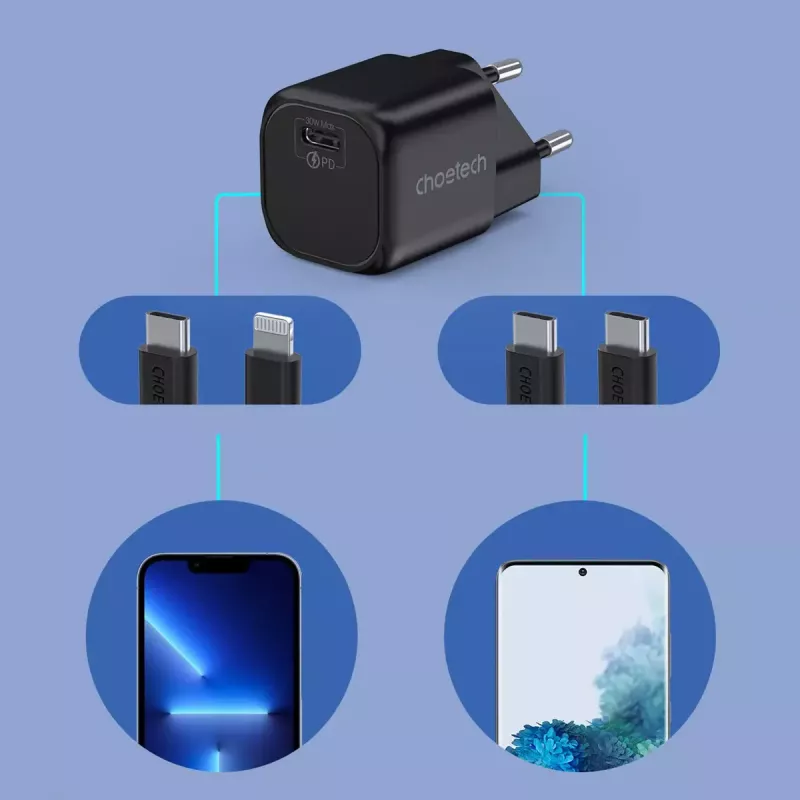 Cargador CHOETECH PD5007 30W USB-C Power Delivery carga rápida para teléfonos y tablets