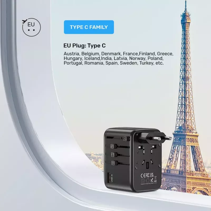 Adaptador de viaje UNITEK P1122ABK01 universal negro Type-C G I