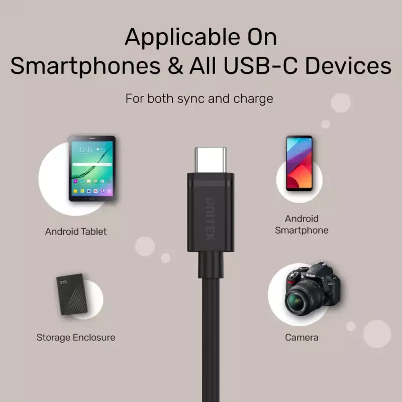 Cable USB-C a USB-C Unitek Y-C477BK01-2M, USB 3.2 Gen 1, 2 m, 5 Gbit/s, PD 60 W, negro