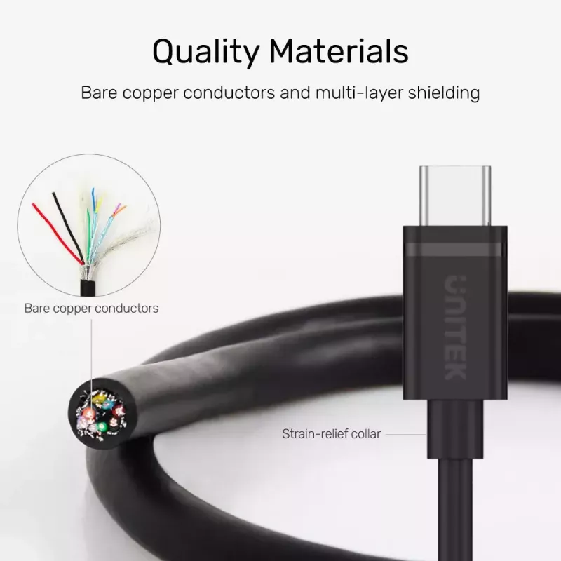 Cable USB-C a USB-C Unitek Y-C477BK01-2M, USB 3.2 Gen 1, 2 m, 5 Gbit/s, PD 60 W, negro