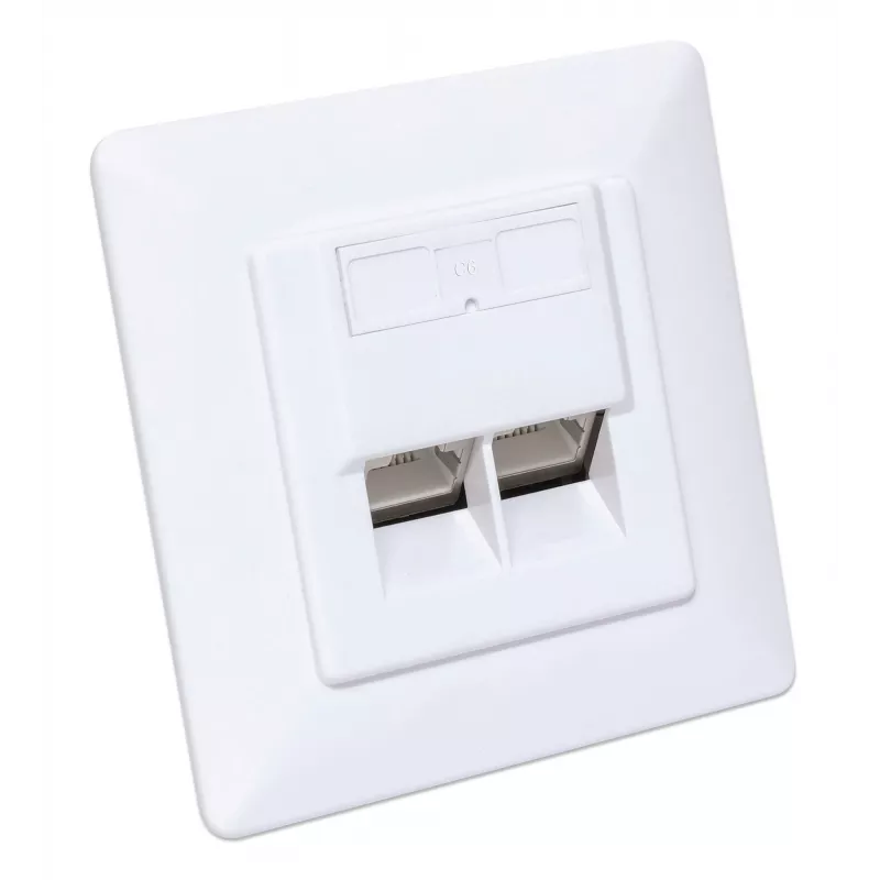 Toma de pared RJ45 Intellinet 2 puertos Cat6 10G apantallada, montaje empotrado con marco embellecedor, STP, Blanco señal RAL9003
