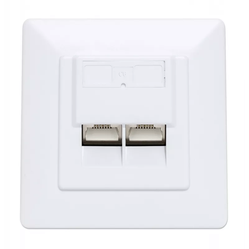 Toma de pared RJ45 Intellinet 2 puertos Cat6 10G apantallada, montaje empotrado con marco embellecedor, STP, Blanco señal RAL9003